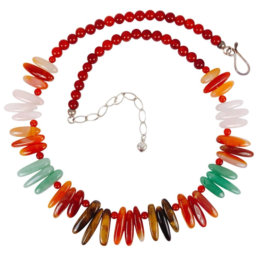 Signed Jay King DTR Sterling Jadeite Tiger's Eye Carnelian Gemstone Necklace VTG